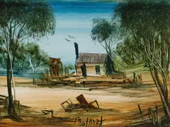 Squatter's Hut by Pro Hart, Oil on Board, sold Dec 2021