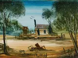Squatter's Hut by Pro Hart, Oil on Board, sold Dec 2021