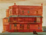 Cedric Flower, Old Pub with Two Nuns & Patient Dog, Oil on Board