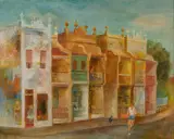 Cedric Flower, Terrace Houses with Jogger & Cat, 1979, Oil on Board