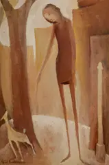 Bill Coleman, Woman Walking Her Dog, Oil on Board