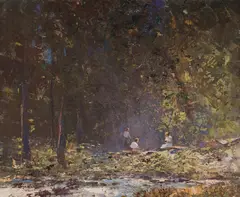 Picnic in the Glade by W Rubery Bennett, Oil on Canvas Board, sold Dec 2021