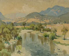 Max Ragless, Australian Pastoral Landscape with River & Mountains, Oil on Canvas