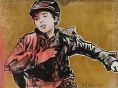 Running Boy by David Bromley, 2019, Acrylic & Metallic Leaf on Canvas, offered Dec 2021