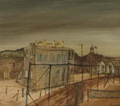 Patrick Hockey, Mining Town with Tennis Court, Oil on Board