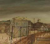 Patrick Hockey, Mining Town with Tennis Court, Oil on Board