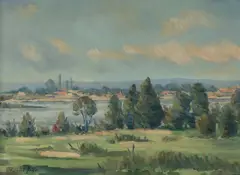 Lionel Jago, River Landscape with Distant Town, Oil on Board