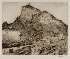 A Tasmanian Mountain by Lloyd Rees, 1977, Soft Ground Etching A/P, sold Oct 2021
