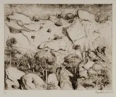 Cliff Face, Central Australia by Lloyd Rees, 1977, Soft Ground Etching A/P, sold Oct 2021