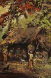 Dullah Soeboer, Village Scene, Bali, Oil on Canvas