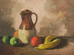 Roland Wakelin, Still Life with Stoneware Jug & Fruit, Oil on Board