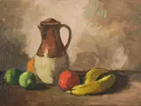 Roland Wakelin, Still Life with Stoneware Jug & Fruit, Oil on Board