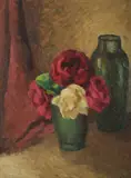 Roland Wakelin, Red Drape, Roses & Vase, probably, c.1937, Oil on Board
