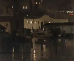 Night Scene, Hobart by Graeme Inson, 1954, Oil on Board, sold Sep 2021