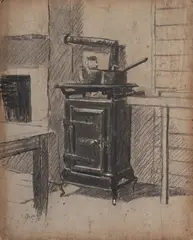 Kenneth Green, Kitchen Interior, 1950, Pencil with White Highlights
