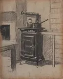 Kenneth Green, Kitchen Interior, 1950, Pencil with White Highlights