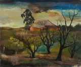 George Duncan, NSW Landscape with Bare Trees & Cottage, Oil on Hessian