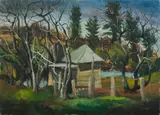 George Duncan, Trees & Shed by a River, Oil on Ply