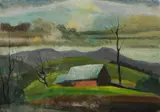 George Duncan, Red Cottage on a Hill, Oil on Canvas Board
