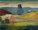 George Duncan, Barns in Landscape, Oil on Board