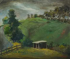 NSW Southern Highlands Farm Scene with Shelter by George Duncan, Oil on Canvas on Board, sold Sep 2021