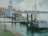 Crab Boats, Tuncurry by Allan Waite, Oil on Canvas on Board, sold Sep 2021