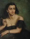 Norman Lindsay, Model in Evening Gown with Fan, Oil on Canvas on Board