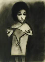 Robert Dickerson, Girl with Cat, Charcoal on Paper on Board