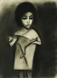 Girl with Cat by Robert Dickerson, Charcoal on Paper on Board, sold Aug 2021