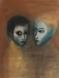 Robert Dickerson, Two Faces / Brother & Sister, Pastel on Paper on Board