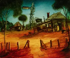 Boundary Rider's House by Pro Hart, Oil on Canvas Board, sold Aug 2021