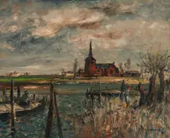 Red Church, Holland by George Lawrence, 1974, Oil on Board, sold Aug 2021