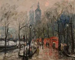 Fog - Victoria Embankment - London by George Lawrence, 1963, Oil on Canvas on Board, sold Aug 2021