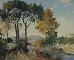 William Bustard, Suburban Stream, Oil on Canvas on Board