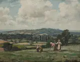 Herbert Hughes-Stanton, Raking Hay, Oil on Board
