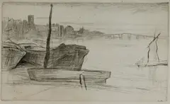 J M Whistler, Chelsea Bridge and Church, circa 1871, Etching