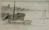 J M Whistler, Chelsea Bridge and Church, circa 1871, Etching