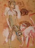 Donald Friend, Nude with Mask and Monkey, Bali, Ink, W/Clr & Gouache on Paper on Board