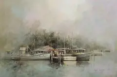 John Lovett, Trawlers on the Tweed, Oil on Board