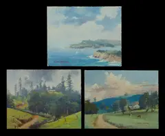 (3) by Allan Waite, 'Karingal' (oil on canvas board); 'Norfolk Landscape' (oil on canvas board); & 'Headlands' (oil on canvas on board), sold Jul 2021