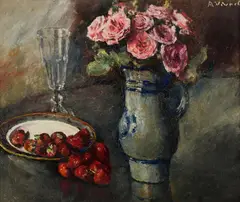 Andre Vivrel, Still Life with Vase of Roses and Plate of Strawberries, Oil on Linen