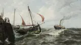 Thomas Rose Miles, Yarmouth Trawlers, Towing Out, Oil on Canvas