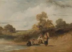 William Collins, Children Sailing a Boat by Riverbank - A Small Sketch, Oil on Board