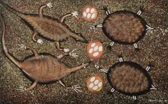 Reggie Sultan, 1 Goanna, 1 Sleepy Lizard, 2 Turtles and Their Eggs, 1997, Acrylic on Canvas