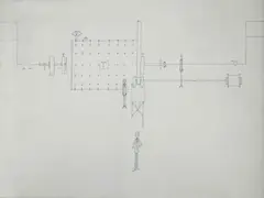 Edwin Tanner, The Engineer's Workshop (Preliminary Compositional Study), 1957, Pencil & Ink on Primed Linen
