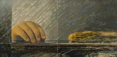 Lawrence M. Daws, Burning Train, Oil & Collage on Board