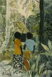 Ray Crooke, Fijian Village with Island Women, Mixed Media on Paper