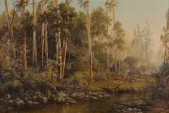 Charles Rolando, Early Morning - Australian River Scene with Figure, Oil on Canvas on Board