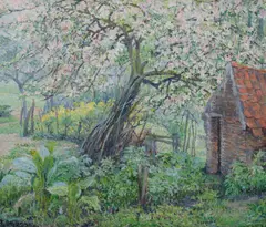 Juliette Wytsman, Garden Scene with Cherry Blossom Tree, Oil on Canvas