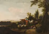 Pastoral Scene with Two Young Women in Conversation, One Milking a Goat by Job Adriaenszoon Berckheyde, 1661, Oil on Canvas, sold May 2021